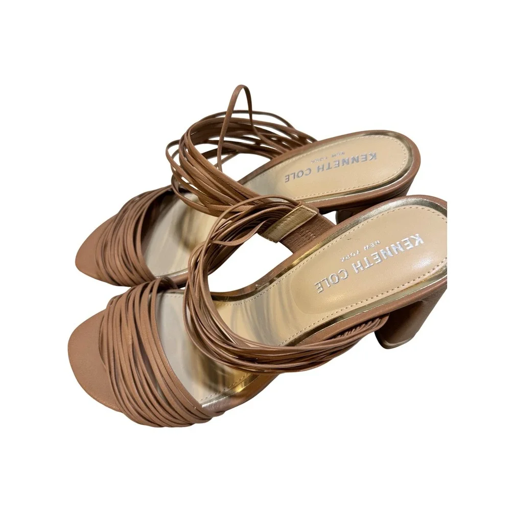 Kenneth Cole Amelia Flare Heels – Nude Leather Strappy Block Heel – Size 7‎